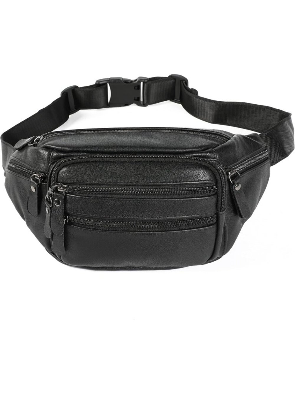Stylish Black Leather Fanny Pack - Multi-Pocket Waist Bag for Travel & Sports